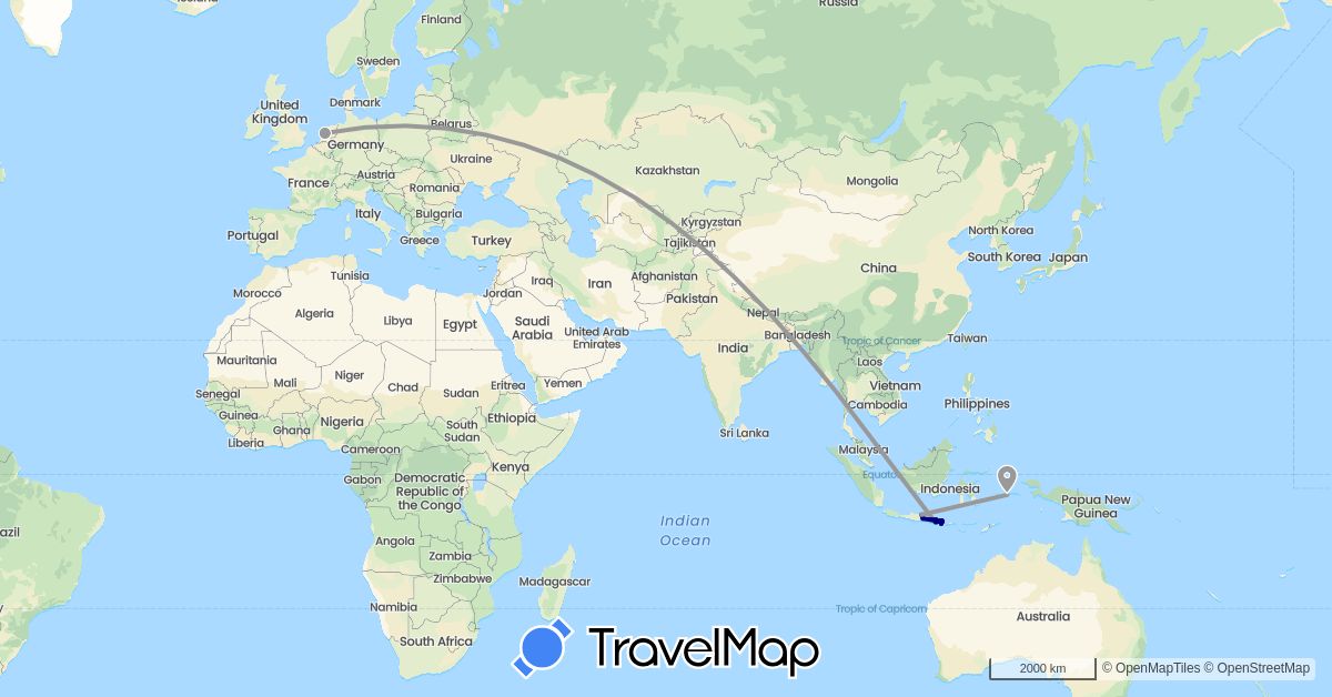 TravelMap itinerary: driving, bus, plane, boat in Indonesia, Netherlands (Asia, Europe)